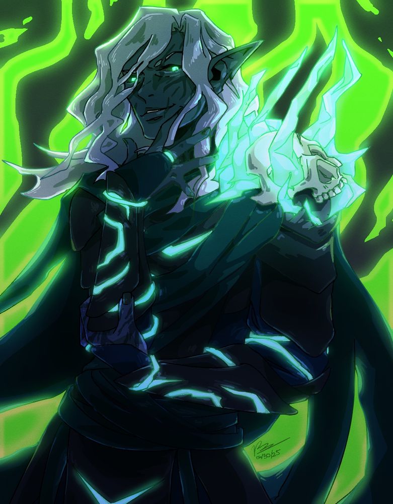 A drawing of Amarth from Sporeblood with glowing accents and green, glowing flames behind him. He is a dark elf necromancer.