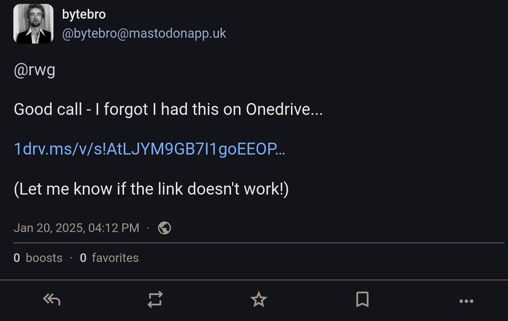 A account called bytebro#mastodonapp.uk sending a "Onedrive" link in a comment totally unrelated to my original post.