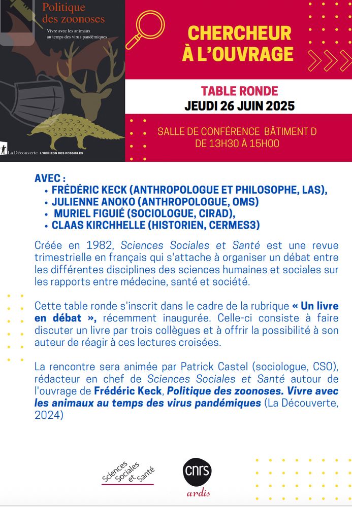 Advertisement poster roundtable showing book cover of the Politics of Zoonoses.