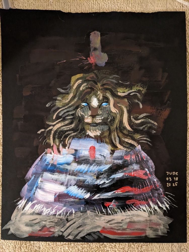 A very loose and textured half body painting of Lily Remiora, a Leonin/centaur DND character. Her arms are crossed serenely with one hand laying on the other, she's wearing what could be a shawl that is undeniably ugly. Her blonde mane fans out around her face in energetic highlighted waves. Above her floats a symbol: a juvenile cartoon dick and balls with one ball missing and a thin spray of blood spurts in its place. This represents the time a hag shot her in the balls with a gun.