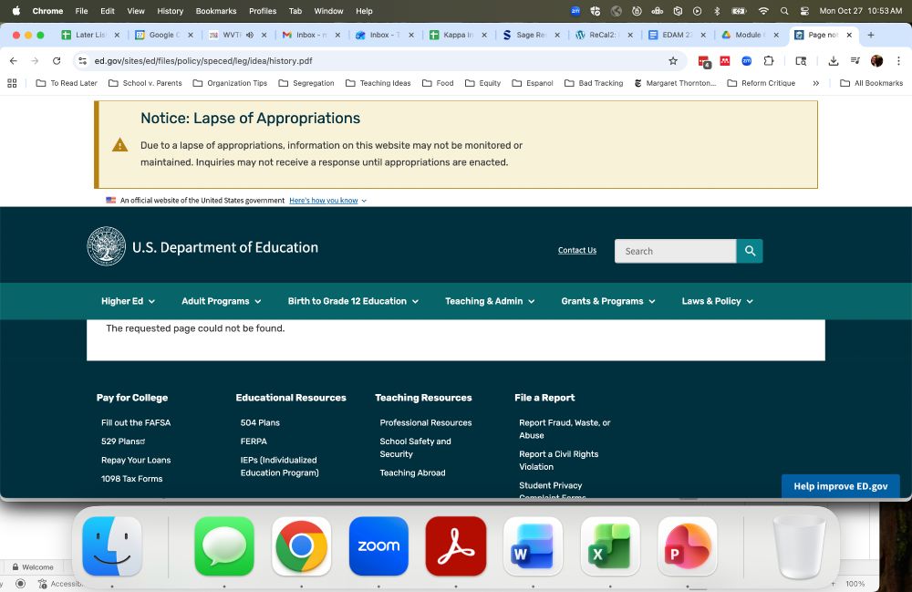 A page not found notice for the history of the Individuals with Disabilities Act on the Department of Education website. 