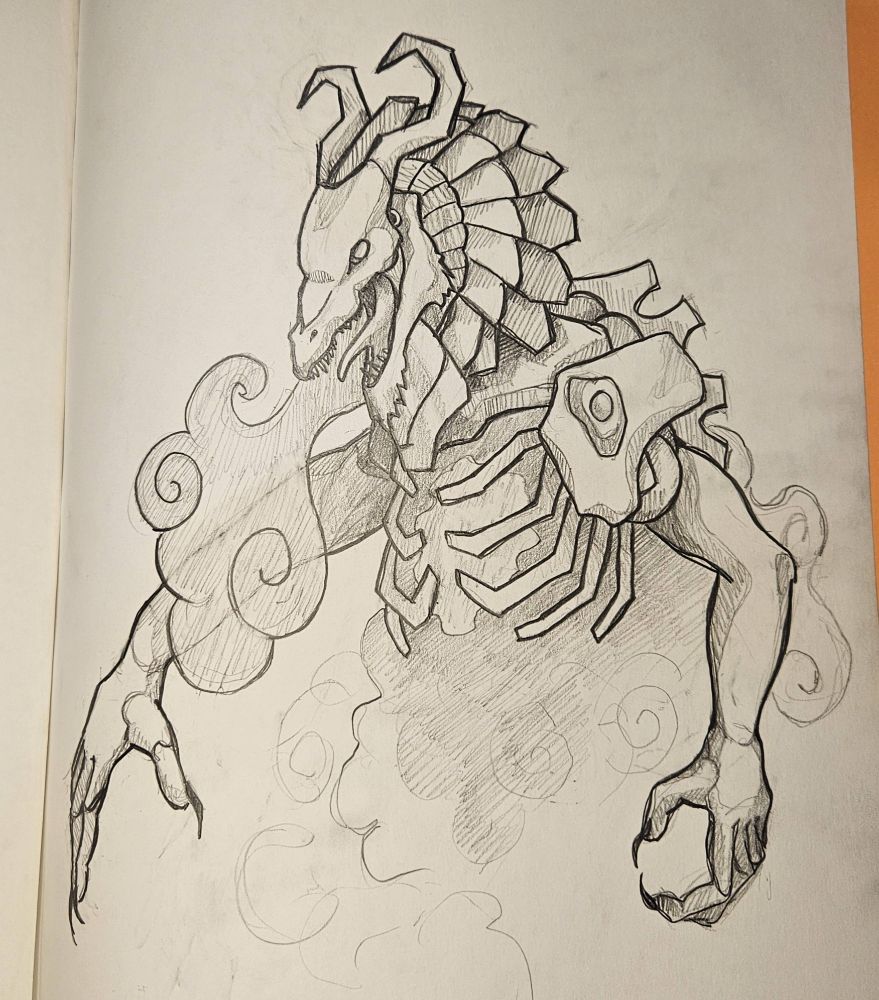 A picture of my sketchbook pencil drawing of a humanoid dragon-like entity emerging from swirling smoke. The creature has a draconic face with curled, goat-like horns, a segmented frill or crest running down the back of its head and neck, and a sharp, angular ribcage forming a natural armor. One shoulder bears a large, shell-like plate with a making the creature appear almost like a mechanical beast. Its clawed hands extend downward, with the right hand open and the left gently curled. The lower body fades into curling wisps of smoke or mist, giving the impression that it is part metal beast and part smoke (intention was smog). Also circa early 2000s ish but I couldn't say when exactly.