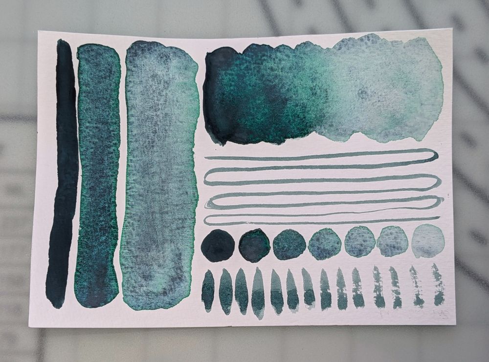 Swatch of the final paint colour, showing how the paint looks at different dilutions with water. The teal hue comes out more in a wash.