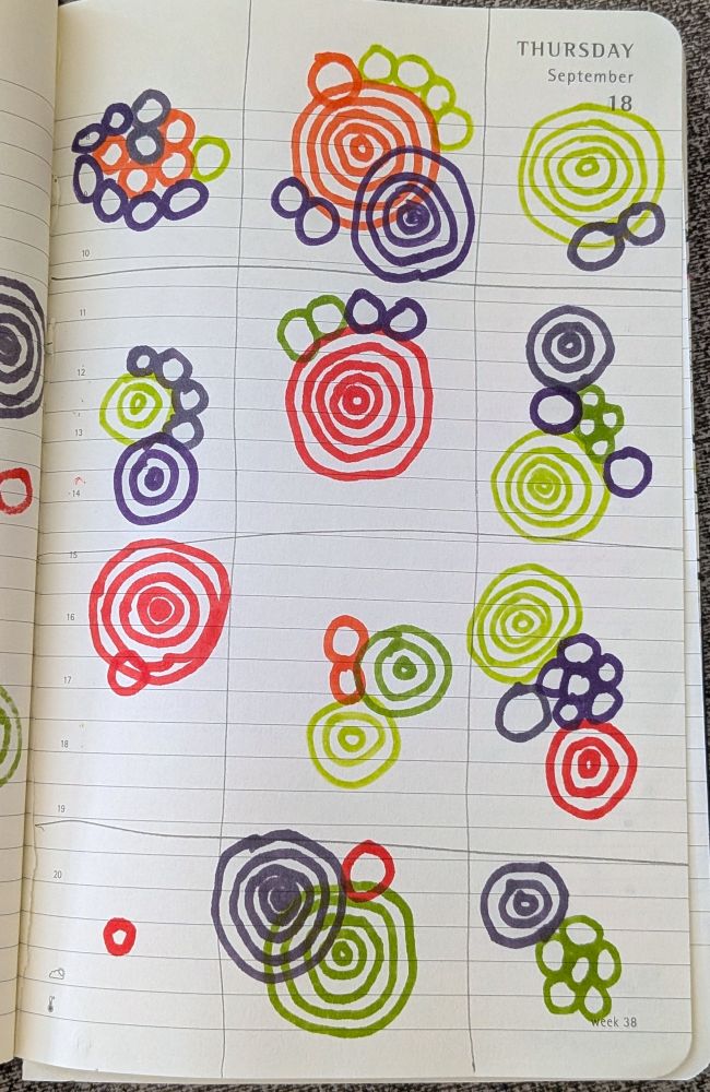 A doodle on a diary page, with many coloured circles arranged in a rough grid