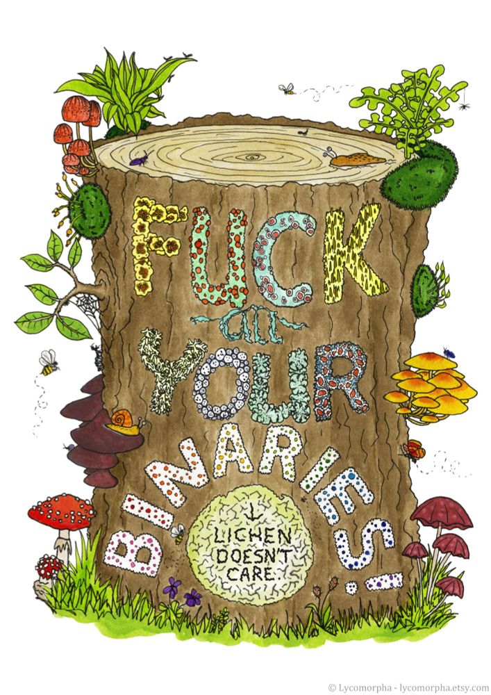 The words 'Fuck all your binaries, lichen doesn't care' written in colourful lichens across an old tree stump, covered in moss, fungi and invertebrates/ The lichens have a range of different shapes and textures, from frilly, leafy foliose lichens, to lumpy and spotty crustose lichens, to fruiticose lichens with matchstick shaped protrusions. The whole thing is drawn in ink and watercolour paint.