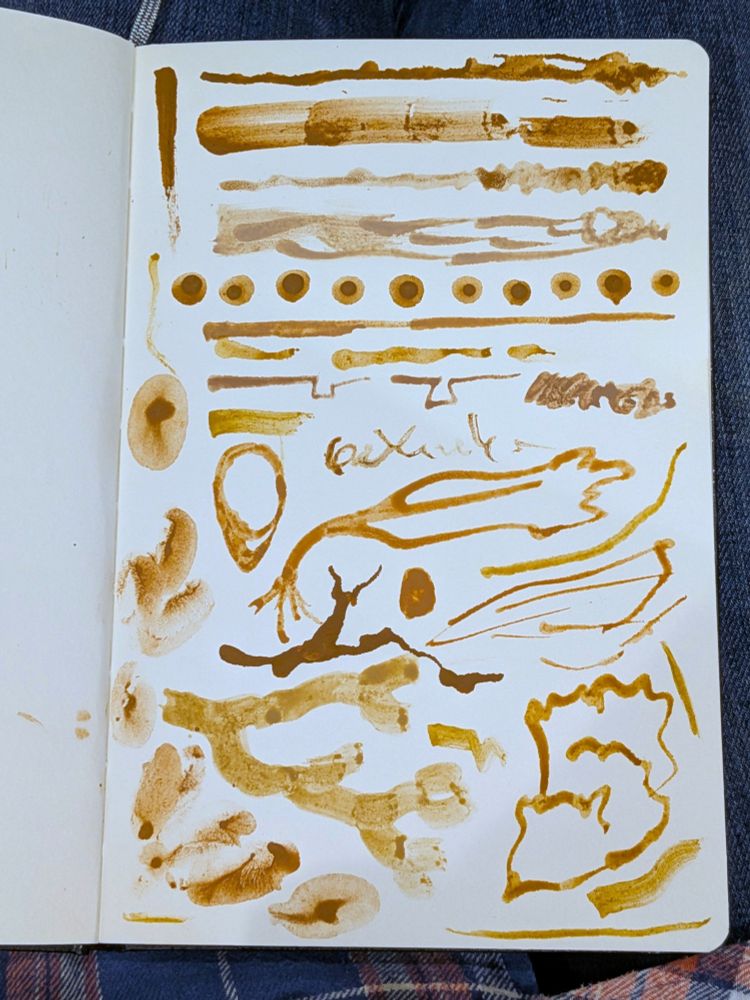 Rough lines, dots, squiggles, and seaweed shaped doodled on a sketchbook page. They were made using various ochre pebbles, rubbed with flint and water, and using debris as brushes. So when I say rough, I mean it.