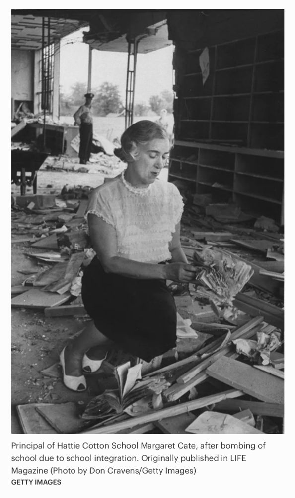 Principal of Hattie Cotton School Margaret Cate, after bombing of school due to school integration. Originally published in LIFE Magazine (Photo by Don Cravens/Getty Images)
GETTY IMAGES