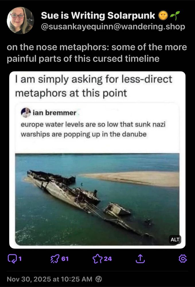 Sue is Writing Solarpunk @susankayequinn@wandering.shop
on the nose metaphors: some of the more painful parts of this cursed timeline
I am simply asking for less-direct metaphors at this point
ian bremmer
europe water levels are so low that sunk nazi warships are popping up in the danube
ALT
5. 61
Nov 30, 2025 at 10:25 AM ®
{> 24