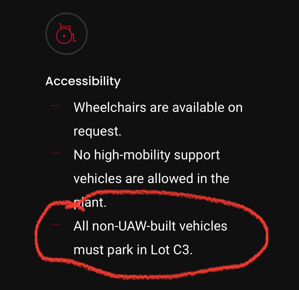 Screenshot from Corvette factory tour website saying all non-UAW-built vehicles must park in a remote lot