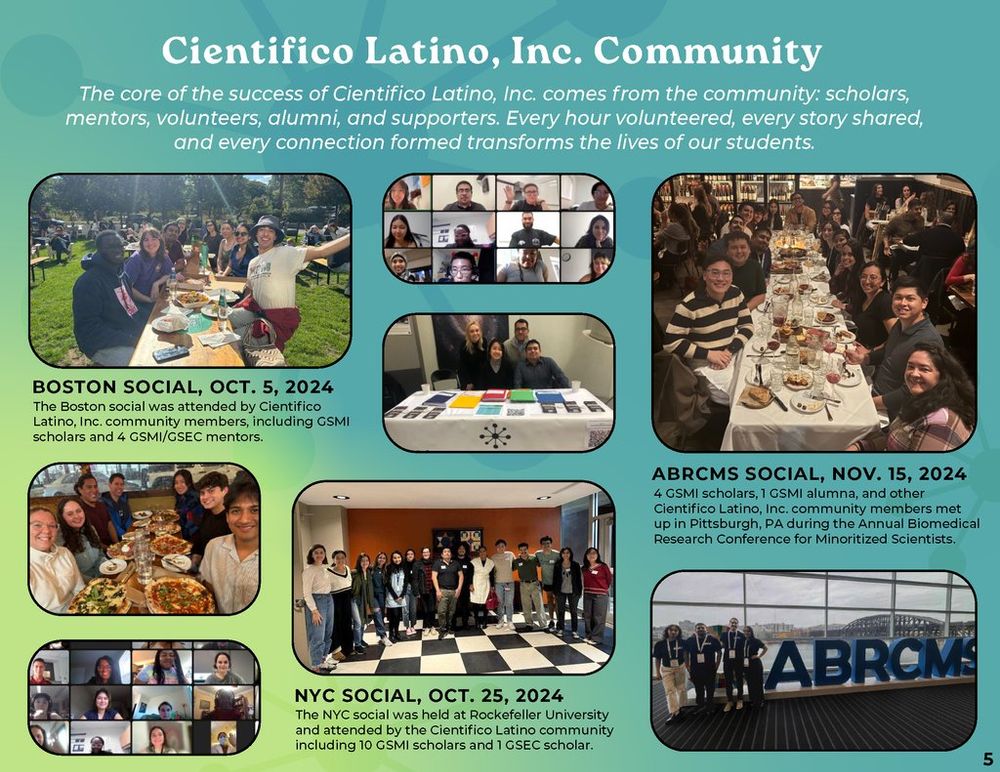 A collage of photos from community social events in Boston, NYC, and the ABRCMS conference in 2024. Descriptions below each image highlight scholar and mentor participation and community-building activities.