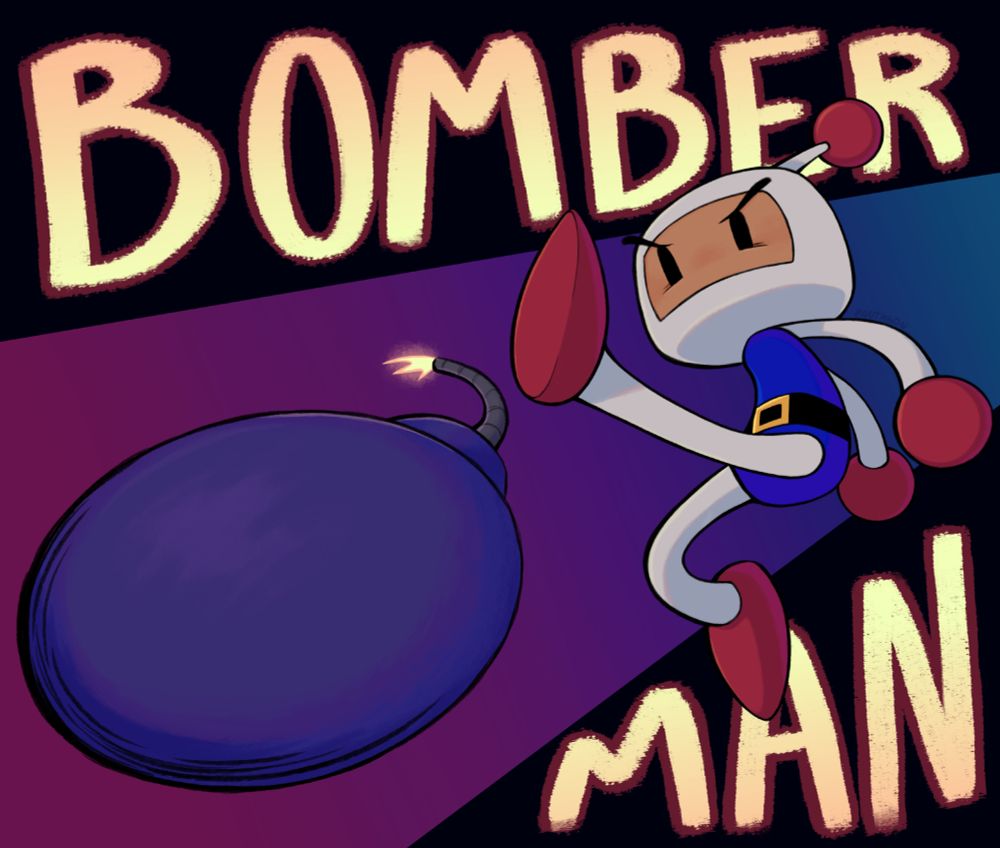 A digital drawing of Bomberman kicking an ignited bomb towards the viewer. Text around him reads "BOMBERMAN".