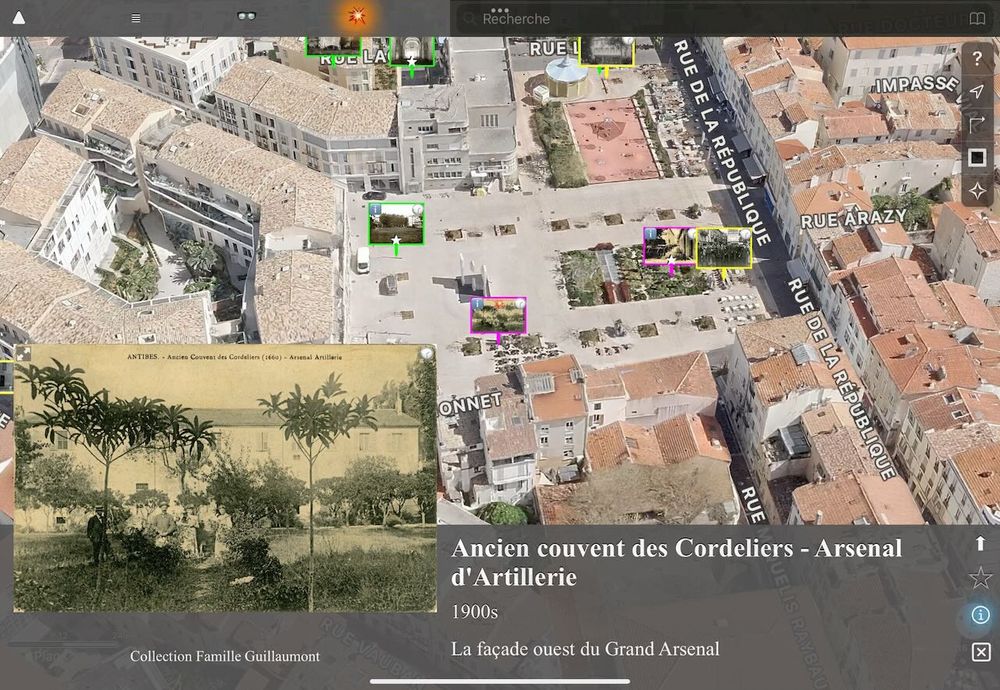 Copie d'écran de l'appli “Antibes à Contretemps” avec une vue de la ville en 3D à l'emplacement de la photo du jour