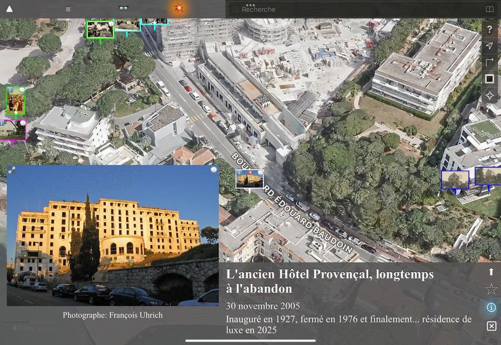Copie d'écran de l'appli “Antibes à Contretemps” avec une vue de la ville en 3D à l'emplacement de la photo du jour