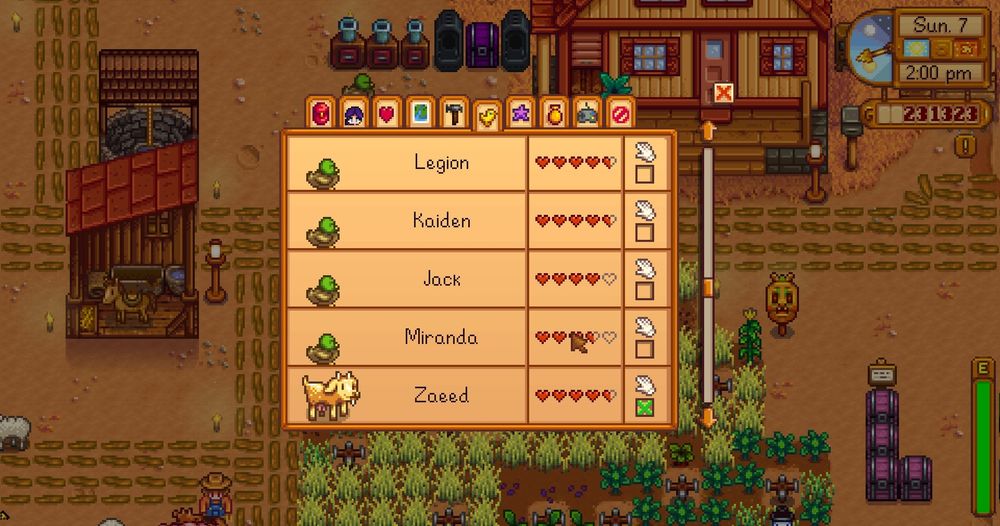 Screenshot of animals in Stardew Valley with names 'Legion', 'Kaiden', 'Jack', 'Miranda' and 'Zaeed'