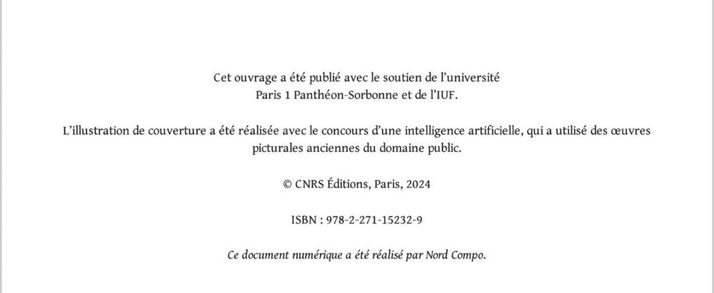 Mention de l’éditeur en page de garde expliquant la création de la couv par IA
