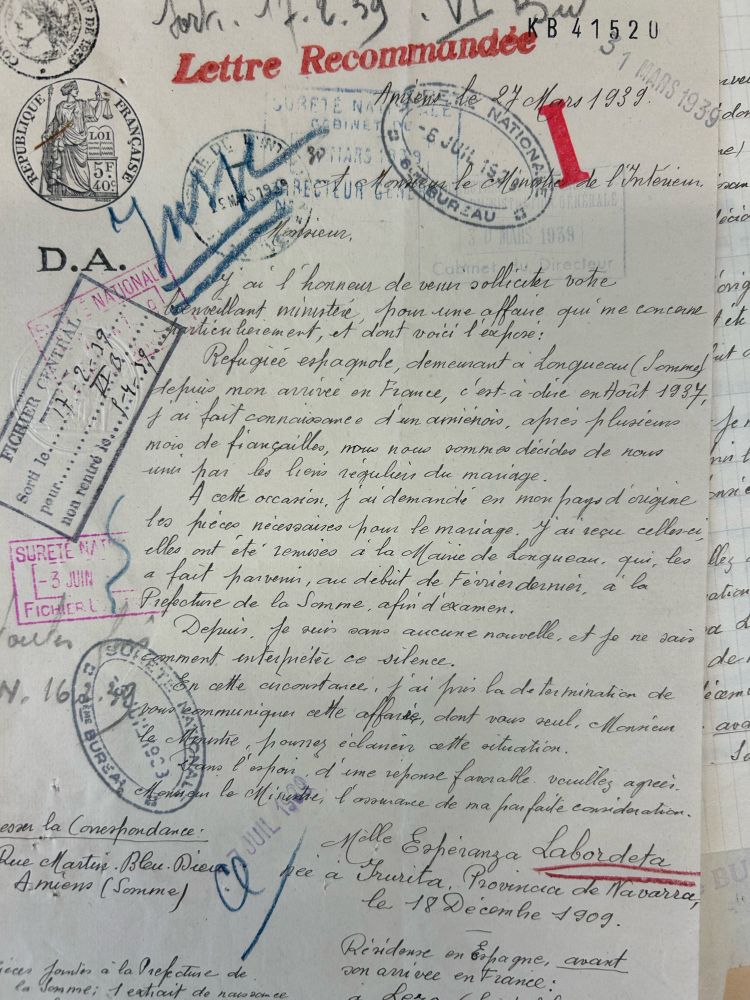 Lettre d’une réfugiée espagnole voulant se marier avec un Français