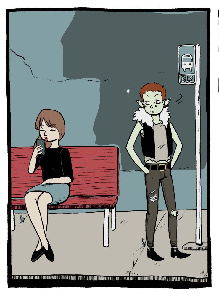Woman sitting on bench waiting for bus. There is a guy waiting off to the side.