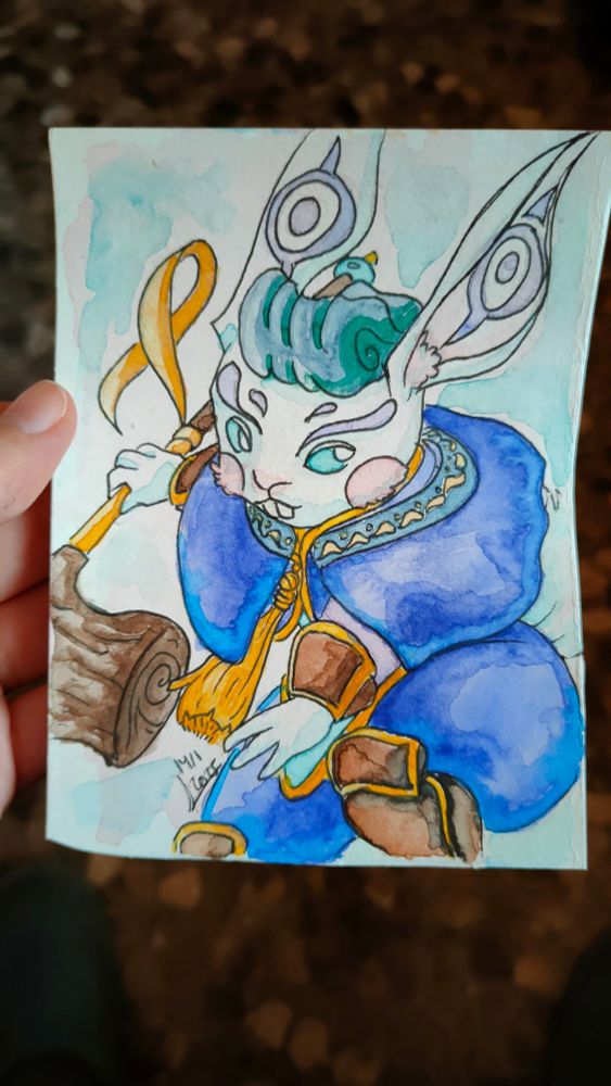 A white fantasy rabbit holding a hammer in a battle pose.