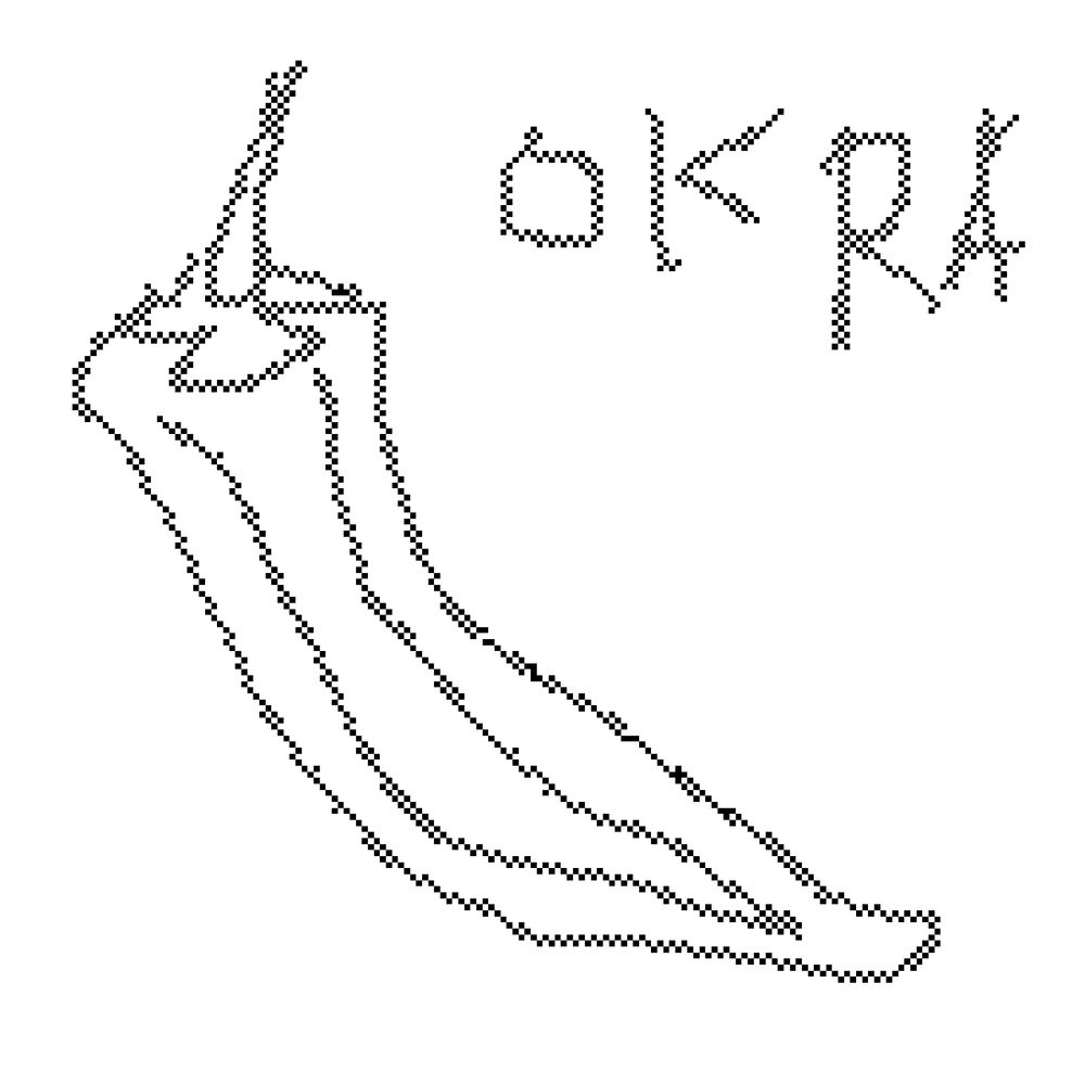 a black and white pixelly drawing of a single okra fruit 