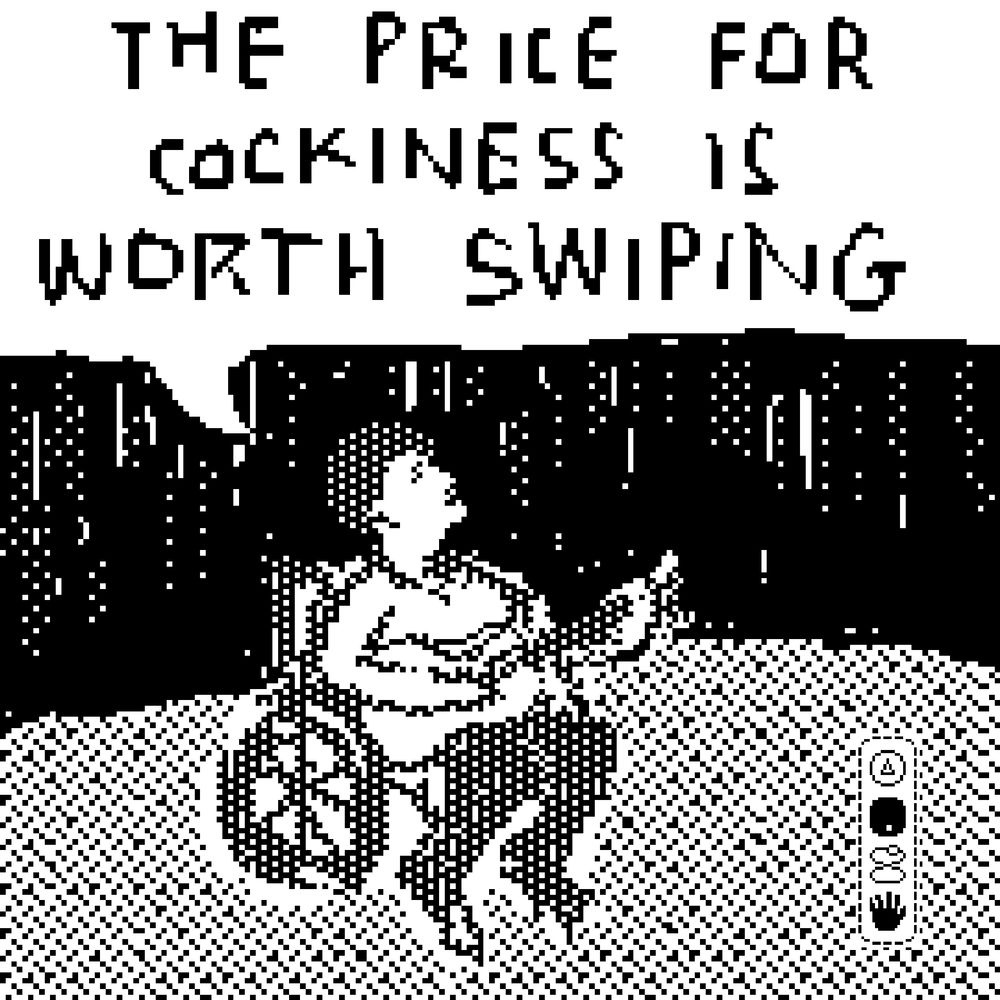 a pixelly drawing of vic chesnutt in his wheelchair on stage head back, guitar on lap. the word balloon overhead says: ‘the price for cockiness is worth swiping’