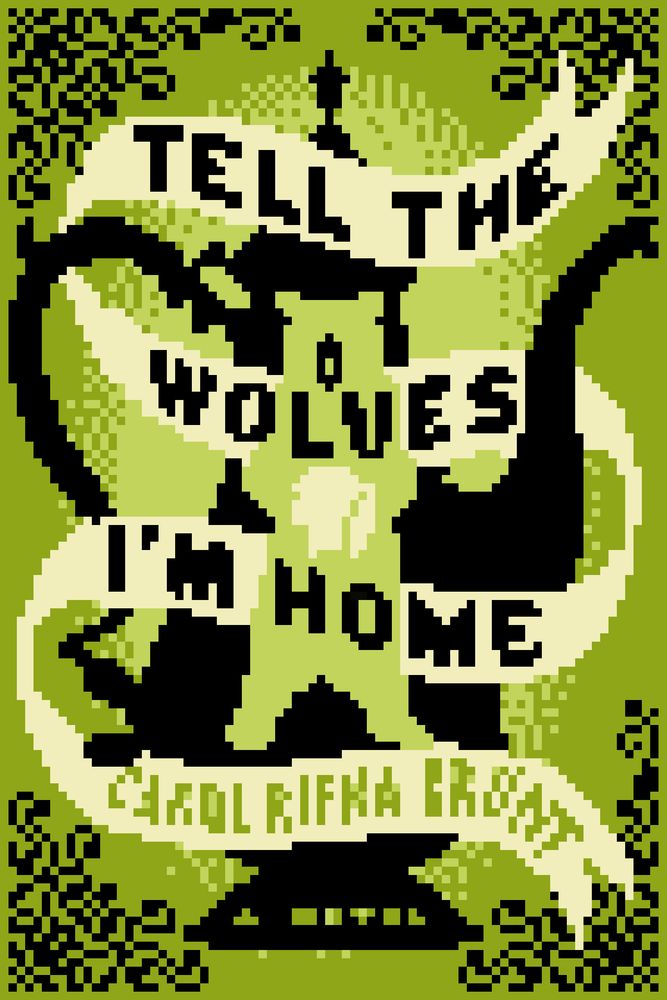 a 80x120 pixel rendition of the cover of ‘tell the wolves i’m home’ by carol rifka brunt. a cream colored ribbon drapes around a black teapot with the title written on it. the figure of a standing bear and the silhouette of a girl are also visible