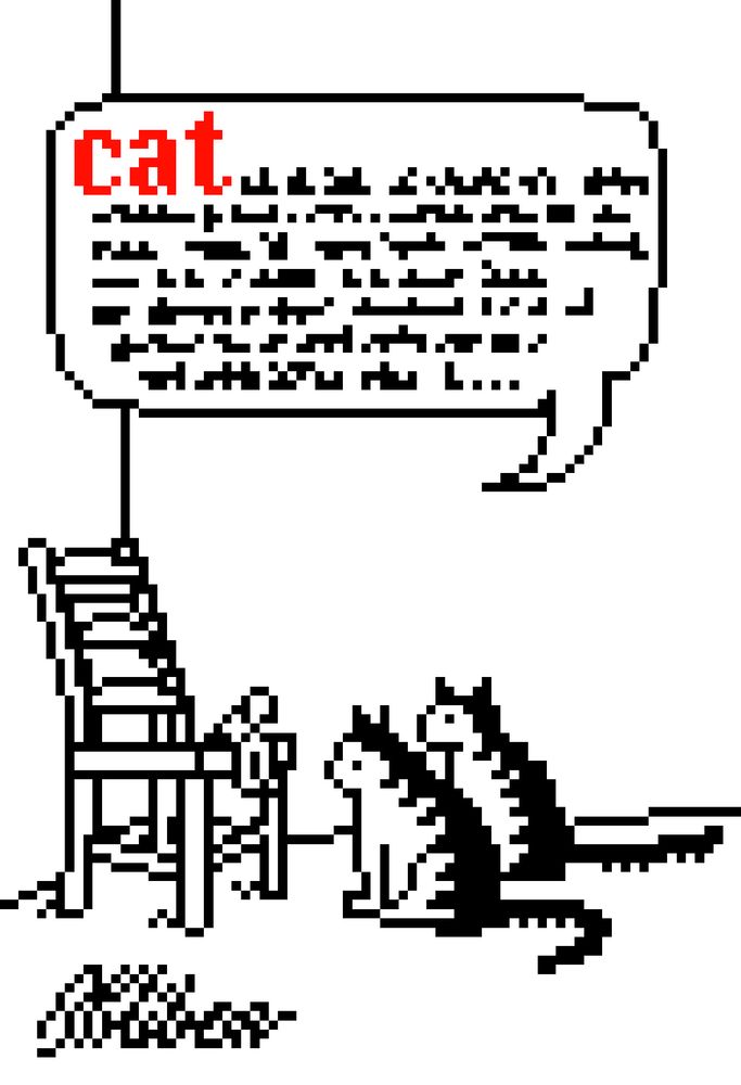 an 80x120 pixel interpretation of the cover of ‘Cat’ by B Kliban. published in a short, wide, landscape format i had to reconfigure the cover image to fit this common, portrait, 3x4 shape. hand drawn in black ink, a tiny human sits on a large chair in the corner of an empty room. two black striped tabby cats sit to listen to the human. above is a word balloon with the word ‘cat’ in red, the only color on the image. following the red ‘cat’ is  a meticulously drawn approximation of the dictionary entry for the word cat, font and all, trailing off an ellipsis at the end.