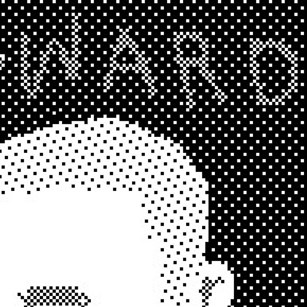 close up of a black and white pixelly drawing of a bald man with single black pixels for hair stubble