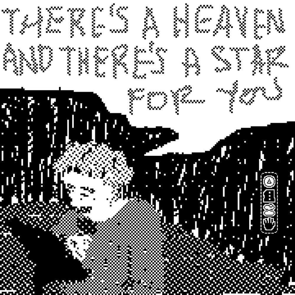 a pixelly black and white drawing of daniel johnston on a stage. a word balloon reads: there’s a heaven and there’s a star for you 