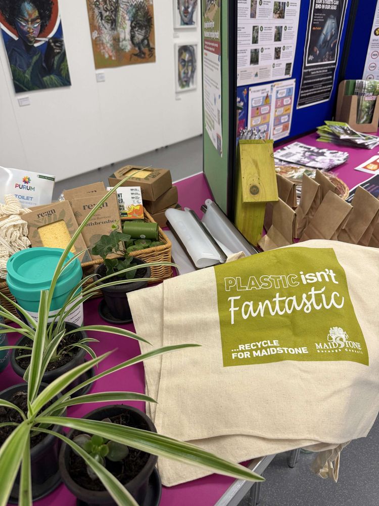 Stall at the Eco-Hub with tote bags with slogan plastic isn't fantastic