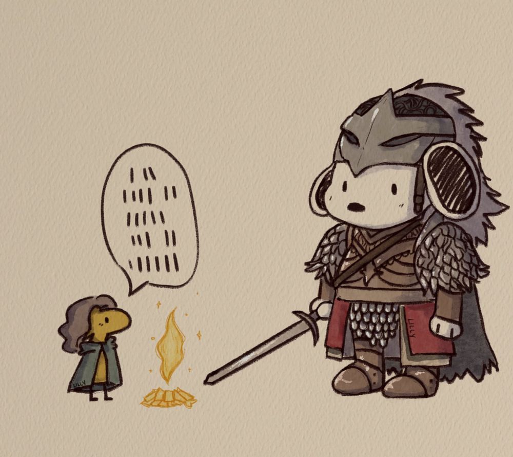 Snoopy wearing the raging wolf armor set from elden ring standing with woodstock who is dressed as melina from elden ring around a site of grace