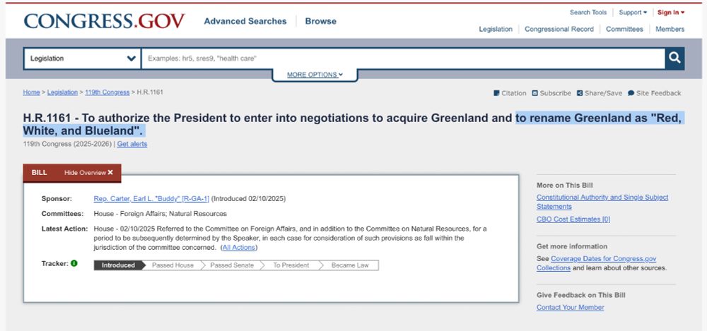Actual, real screenshot from congress.gov. The bill says
'H.R.1161 - To authorize the President to enter into negotiations to acquire Greenland and to rename Greenland as "Red, White, and Blueland".