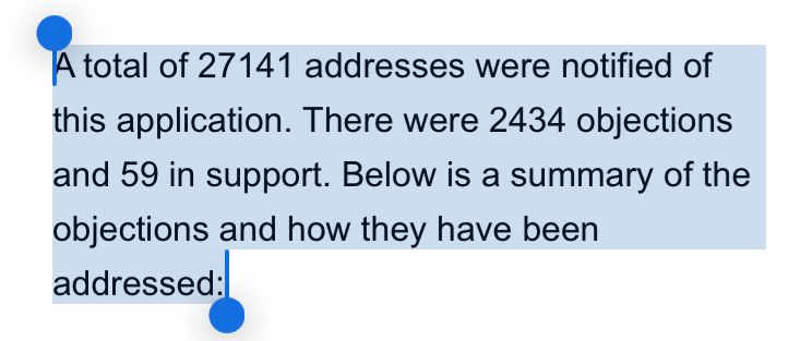 A total of 27141 addresses were notified of
this application. There were 2434 objections and 59 in support. Below is a summary of the objections and how they have been addressed: