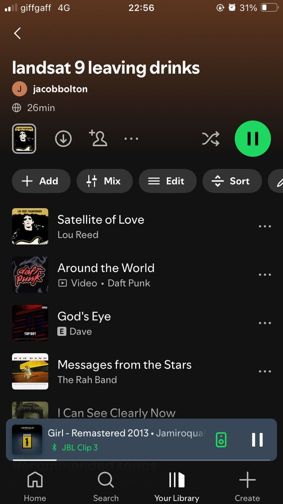 Screenshot of Spotify playlist for Landsat 9 leaving drinks. Songs include satellite of love (Lou reed), messages from the stars (rah band), I can see clearly now (Johnny nash)