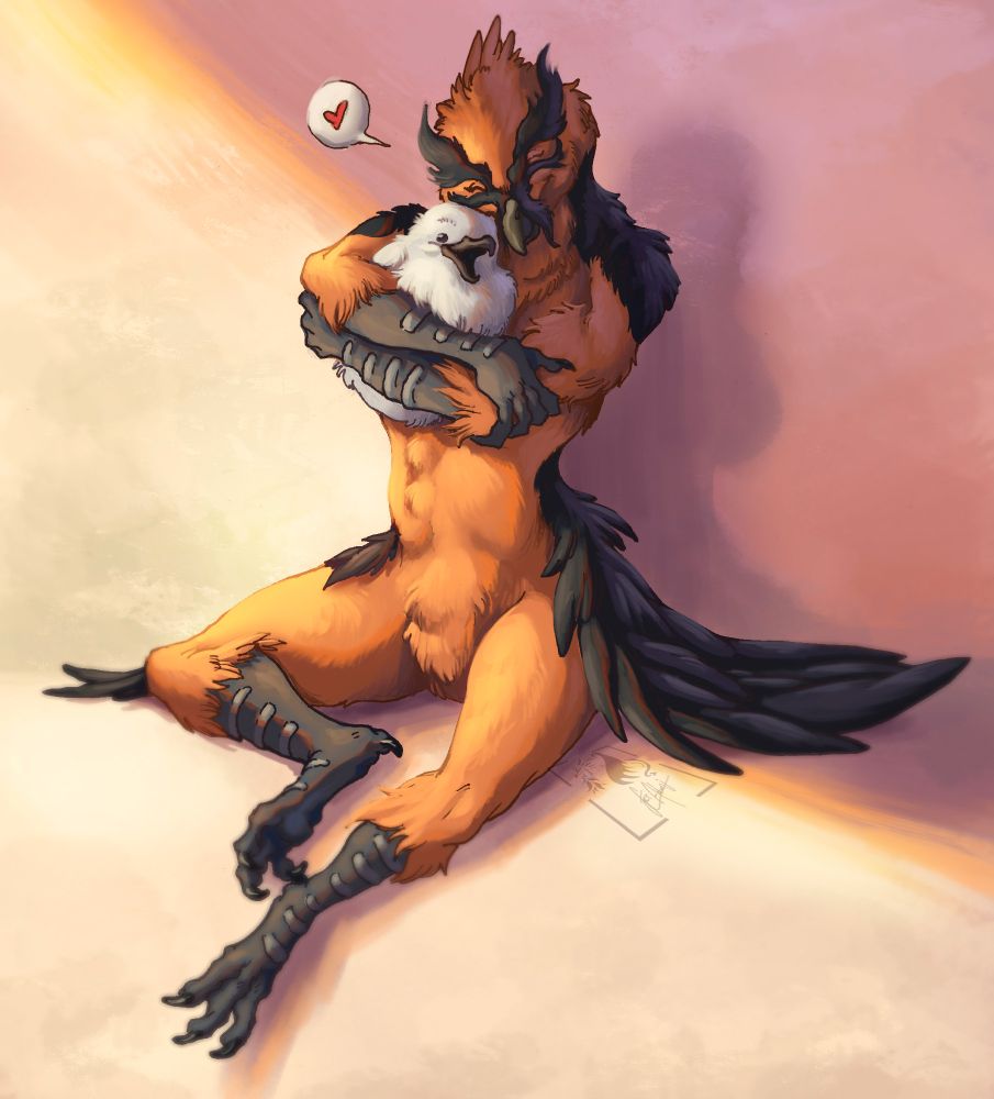 'Tanzia' a bearded vulture embracing a downy crake, a small orbular borb from Monster Hunter.