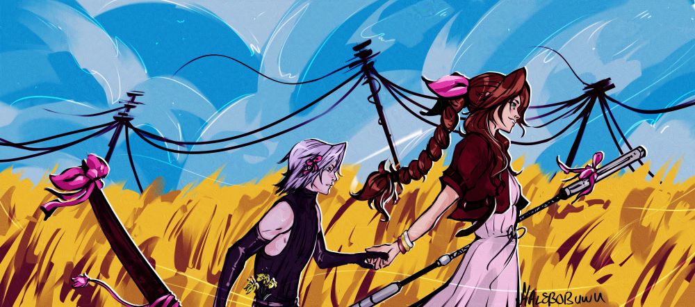 It is a digital sketch of Sephiroth and Aerith. She is holding his hand as she guides him away, through a golden field. He is holding a sheathed blade decorated by pink ribbons and bows, while she is holding her staff, which is also decorated by a less nicely tied pink ribbon. 
She is smiling, while he looks slightly perplexed.