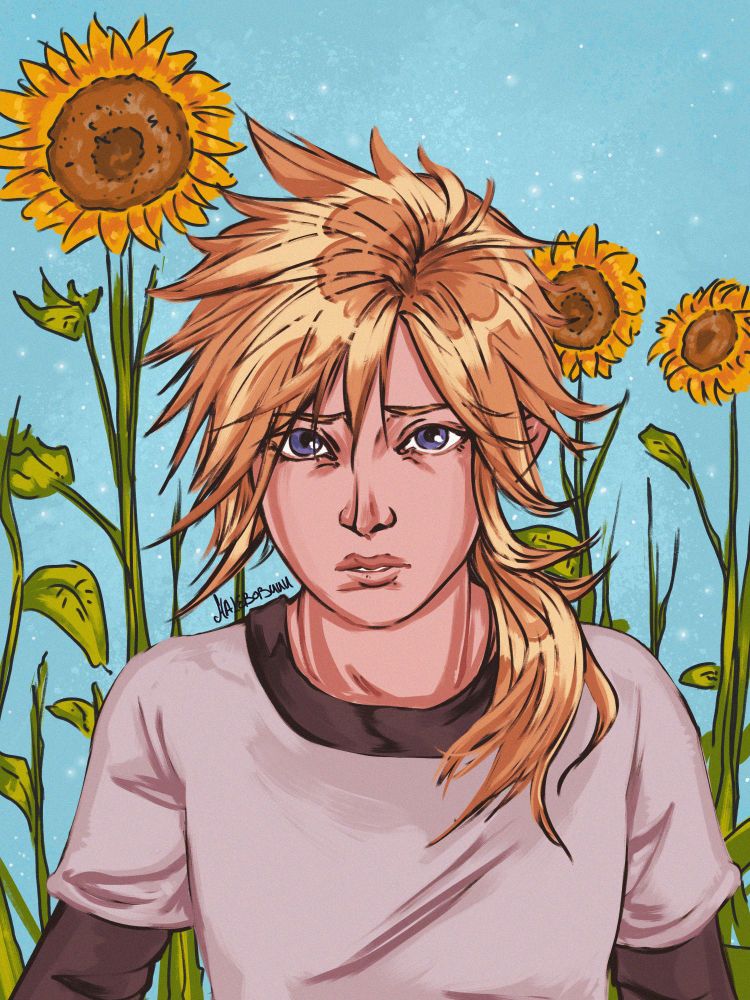 A bright and sunny sketch of Cloud Strife, at a younger age. He looks concerned or saddened towards the viewer. Sunflowers are facing towards him from the background. The stars are slightly visible in the day sky above him.