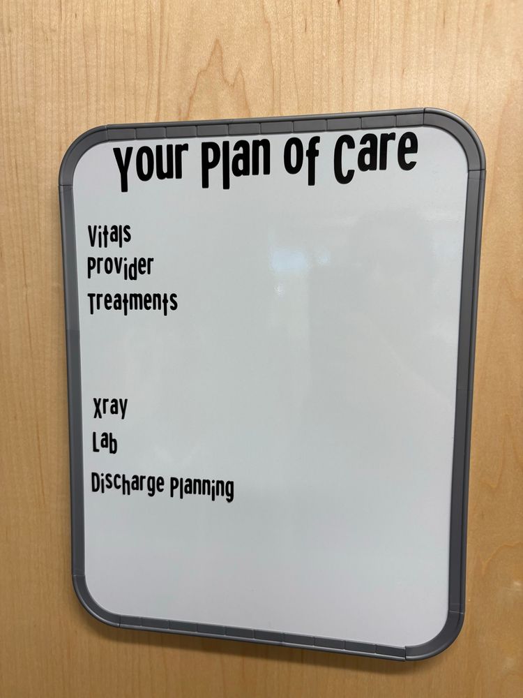 A white board on the door of a clinic exam room. All the standard items (Your Plan of Care, Vitals, Treatment, etc) are formatted so the letter (upper and lower case!) align along the top. 