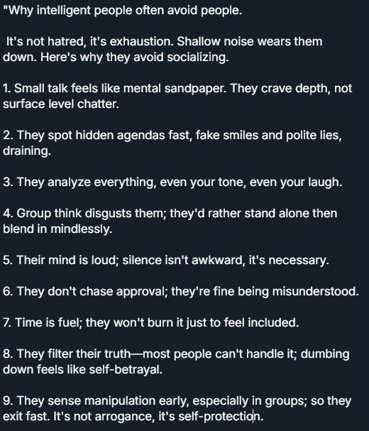 Picture showing all the text from the short video clip, Why intelligent people often avoid people.