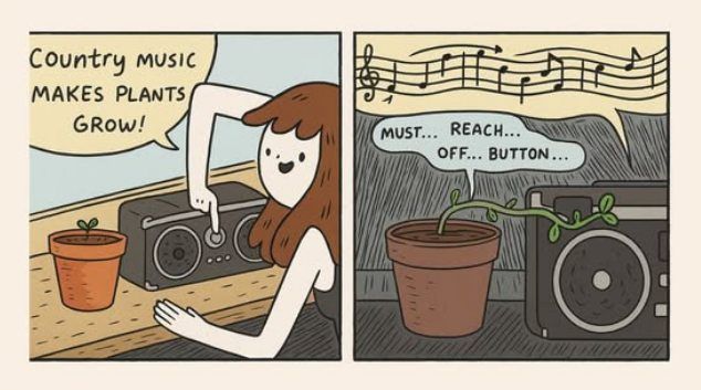 Comic strip picture showing girl turn on radio with country music saying 
