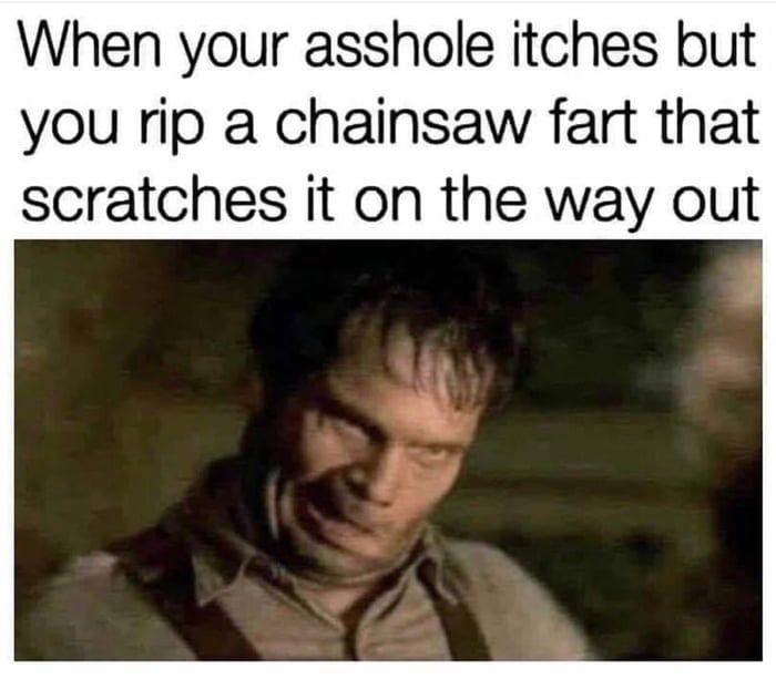 Meme with the villain from Men In Black movie making a face, text says when your asshole itches but you rip a chainsaw fart that scratches it on the way out.