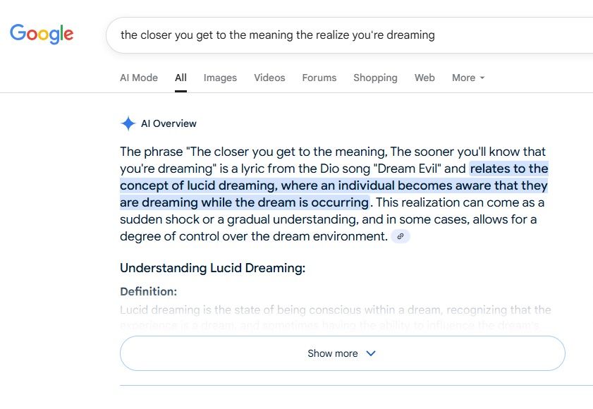 Screen shot of Google A.I. search result for lyrics, showing it name the wrong band & song.