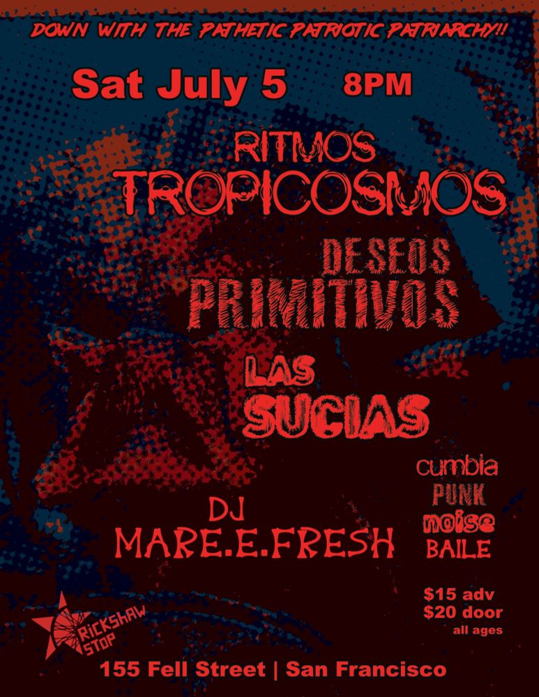 flyer for the July 5th show featuring a dot matrix image resembling The Predator with text in red and blue highlights (no white).