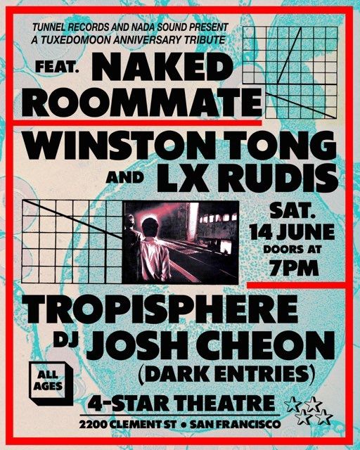 Flyer for the June 14 show at 4 Star featuring some graph-like images and a photo of 2 people staring mysteriously off a balcony. 