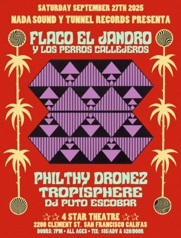 flyer for the Sept 27 show with a purple  psychedelic pattern in the middle, show info on a red backdrop, and yellow palm trees framing the flyer.