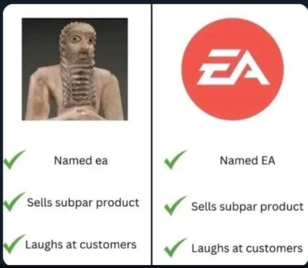 Ea-nasir and EA Games:
- named Ea.
- sells subpar product.
- laughs at customers. 
