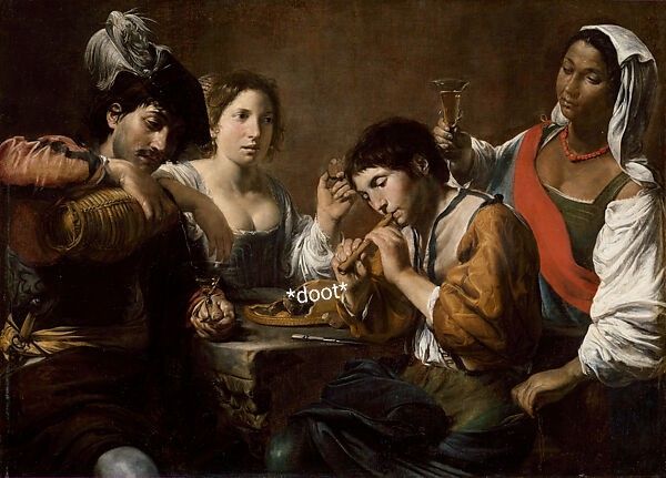 A bard in a tavern surrounded by an audience is playing a very small flute. A very small caption reads 