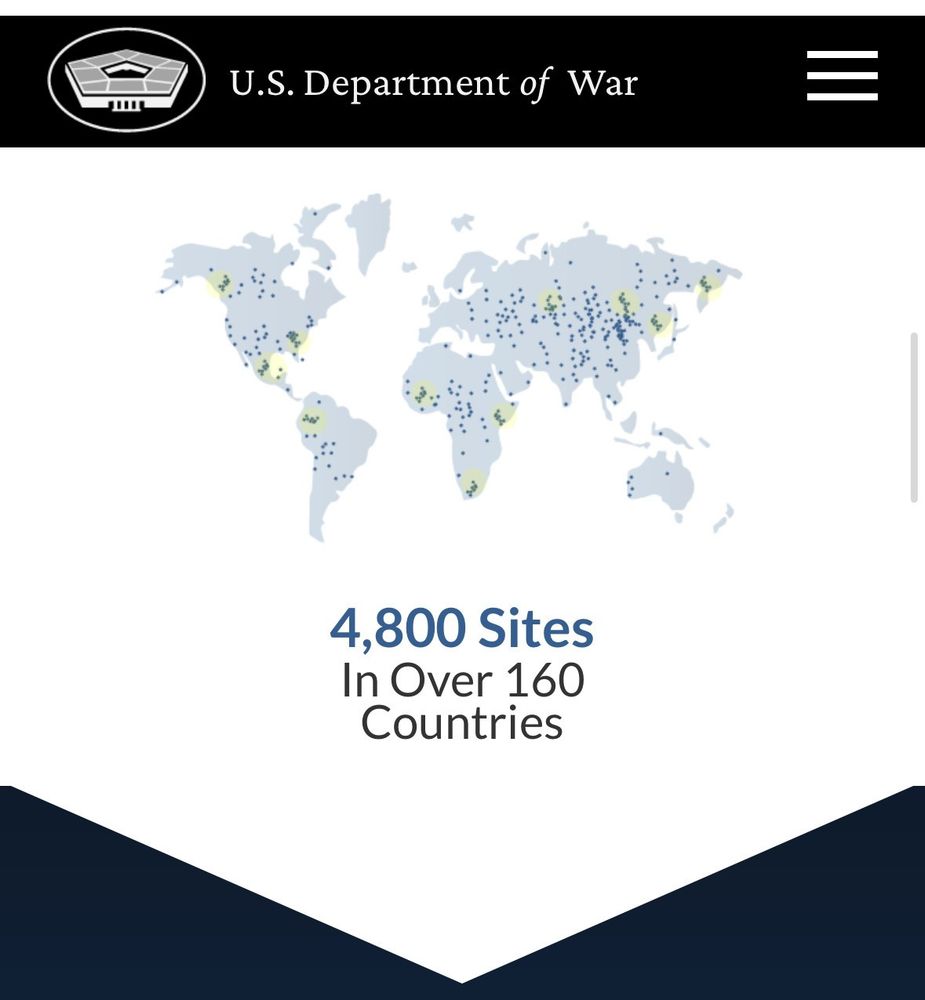 Shitty map from the US Department of War website claiming the military has 4800 sites in over 160 countries but the placements are laughably wrong - for example a bunch are in Russia, Venezuela, Iran, and China. Yellow circles highlight where the dots are clearly copy pasted. 