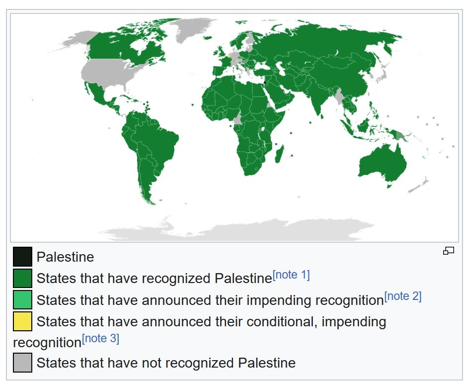 Map of countries that have recognized Palestine (the majority of the world). New Zealand has not recognized Palestine. 