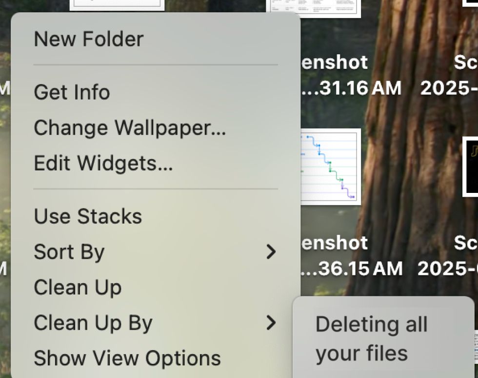 MacOS right-click menu for the desktop with the "clean up by" option selected, but the submenu is edited to say "...deleting all your files."