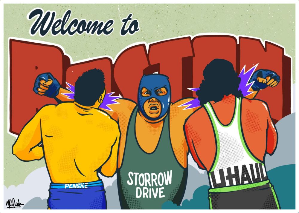 A postcard that says welcome to Boston. A wrestler with a green costume labeled Storrow Drive is clotheslining two guys wearing Penske and Uhaul costumes. 